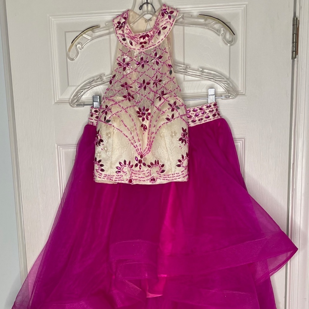 EUC! Fuchsia Jewel / Beaded Tulle 2-Piece Party Dress Short Homecoming Prom - Picture 4 of 5